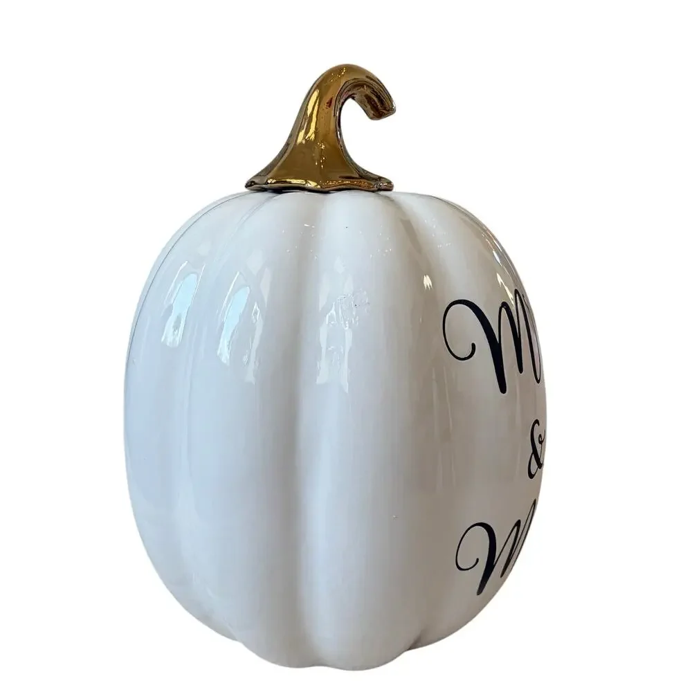 Martha Stewart MR. & MRS. Ceramic Pumpkin White Gold Stem 13in Fall Decor NEW